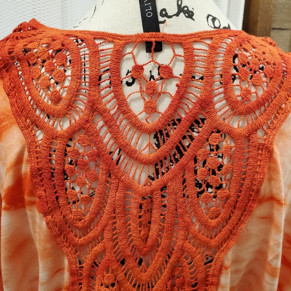 Olivia V-Neck Tie Dye Crochet Top Medium Stretch Soft USA Made Boho Blouse - Picture 4 of 11